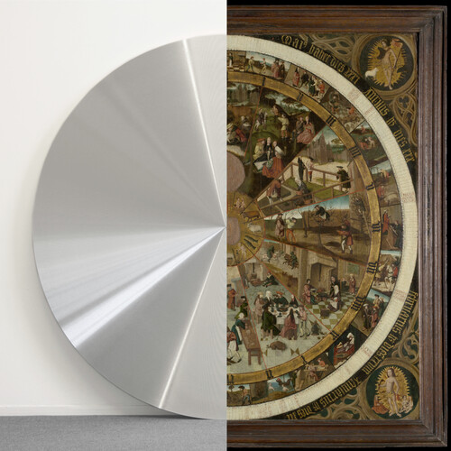 ‘Grand Disque #2’, Ann Veronica Janssens,1996-1999, Cera-collectie bij M Leuven, © de kunstenaar, foto: © Galerie Micheline Szwajcer | Uur-en Kalenderwijzerplaat, Brabant, ca. 1500, collectie M Leuven, CC0, bron: artinflanders.be, foto: Dominique Provost