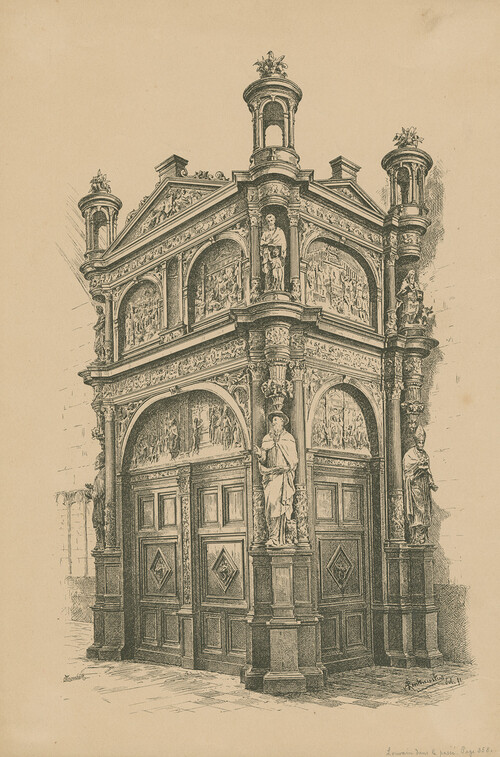 Gravure van het westelijk tochtportaal van de Sint-Pieterskerk in Leuven, A. Rentmeesters, 1891, Collectie M Leuven