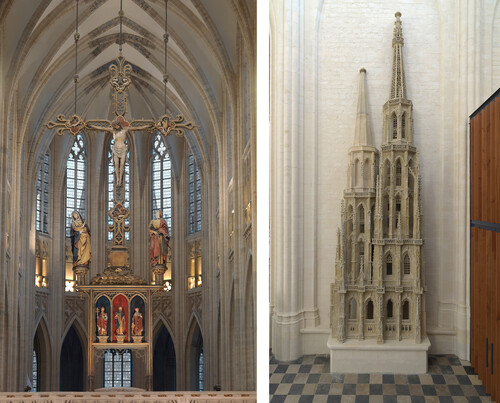 Links: Triomfkruisensemble, Jan II Borman, ca. 1490, Collectie M Leuven Sint-Pieterskerk | Rechts: Maquette voor de westtorens van de Sint-Pieterskerk, Joost Massys en Jan Beyaert, ca.1524-1530, Collectie M Leuven | Sint-Pieterskerk