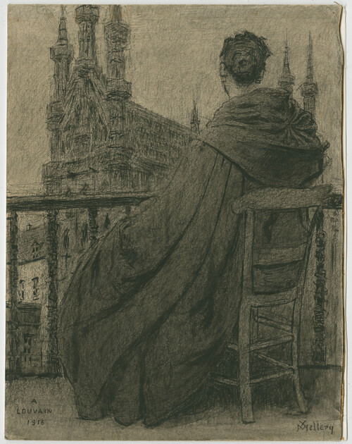 Zittende volksvrouw op een balkon, kijkend naar het stadhuis van Leuven, Xavier Mellery, 1916, Collectie M Leuven