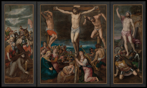 Michiel Coxie (I), Triptiek met de Calvarie (onder), en de Annunciatie op de buitenluiken (boven), 1571, Collectie M Leuven