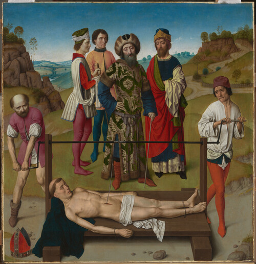 Marteling van de heilige Erasmus met de heiligen Hiëronymus en Bernardus (centraal paneel - open)